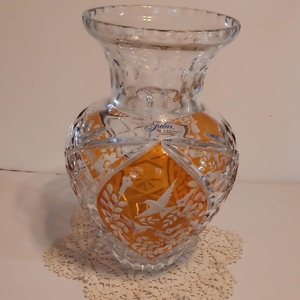 Vintage Polish Julia Crystal Cut To Clear Vase with Amber/ Orange Accents